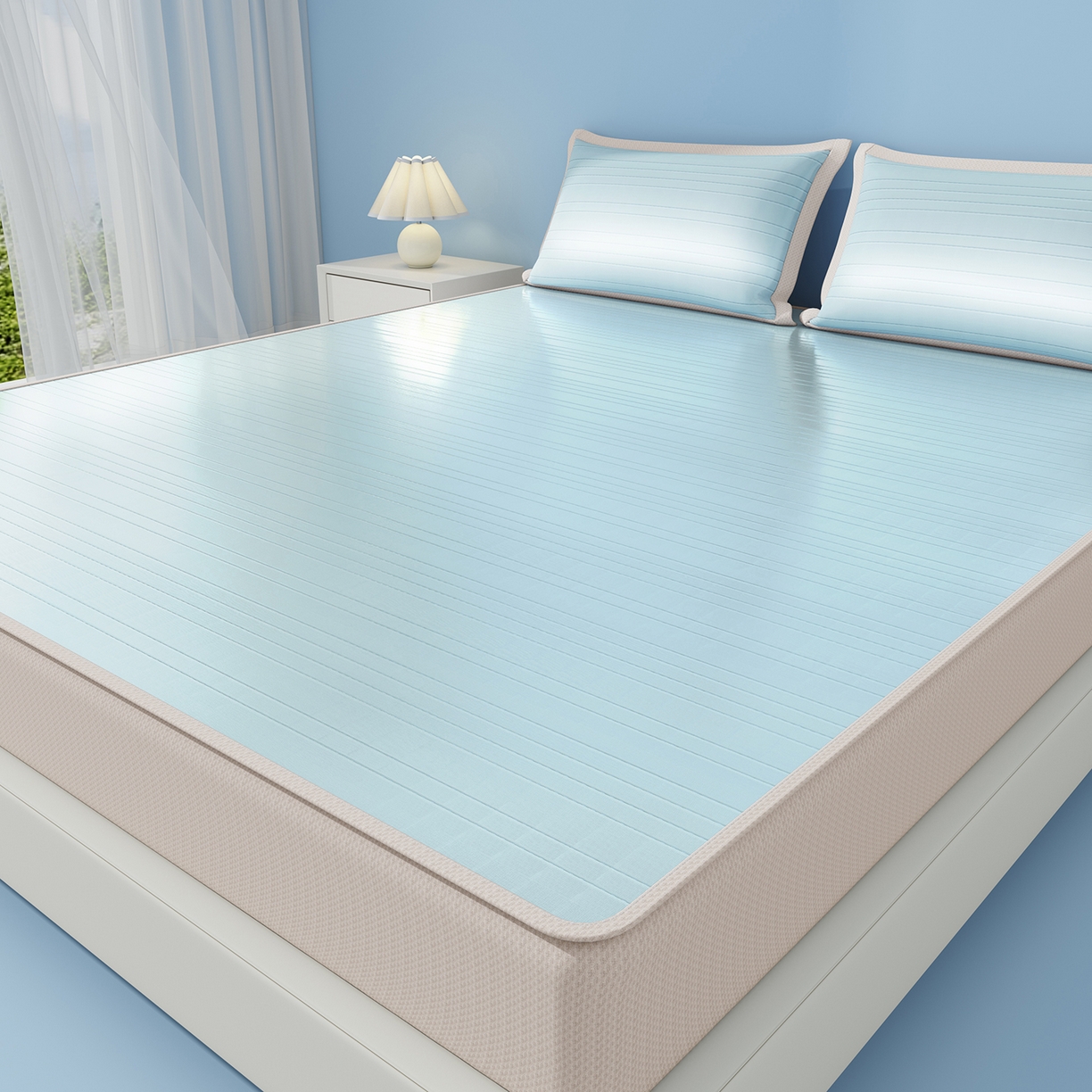 91家纺网 家纺一手货源 找家纺 曼陀罗 2026新款凉感海洋丝冰咖条纹凉席-床笠款 天之蓝