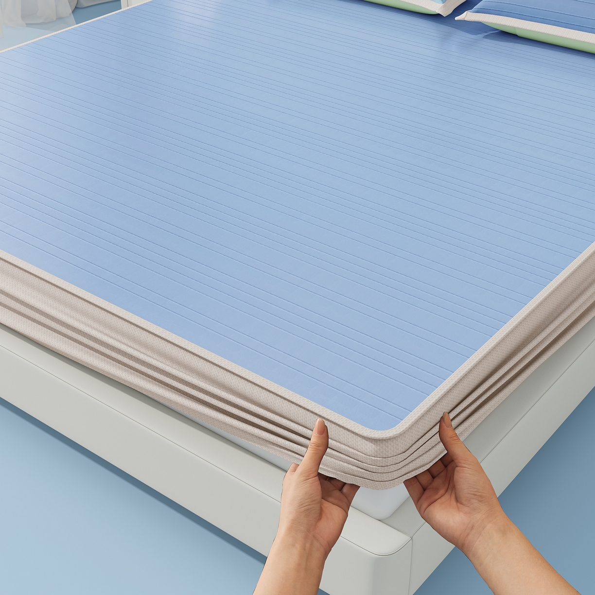 91家纺网 家纺一手货源 找家纺 曼陀罗 2026新款凉感海洋丝冰咖条纹凉席-床笠款 海之蓝