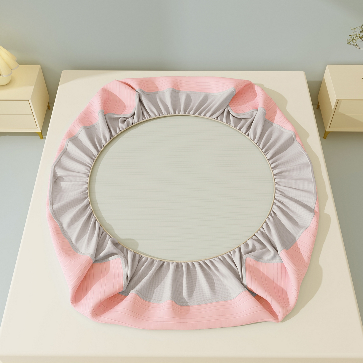 91家纺网 家纺一手货源 找家纺 曼陀罗 2026新款凉感海洋丝冰咖条纹凉席-床笠款 粉黛玉