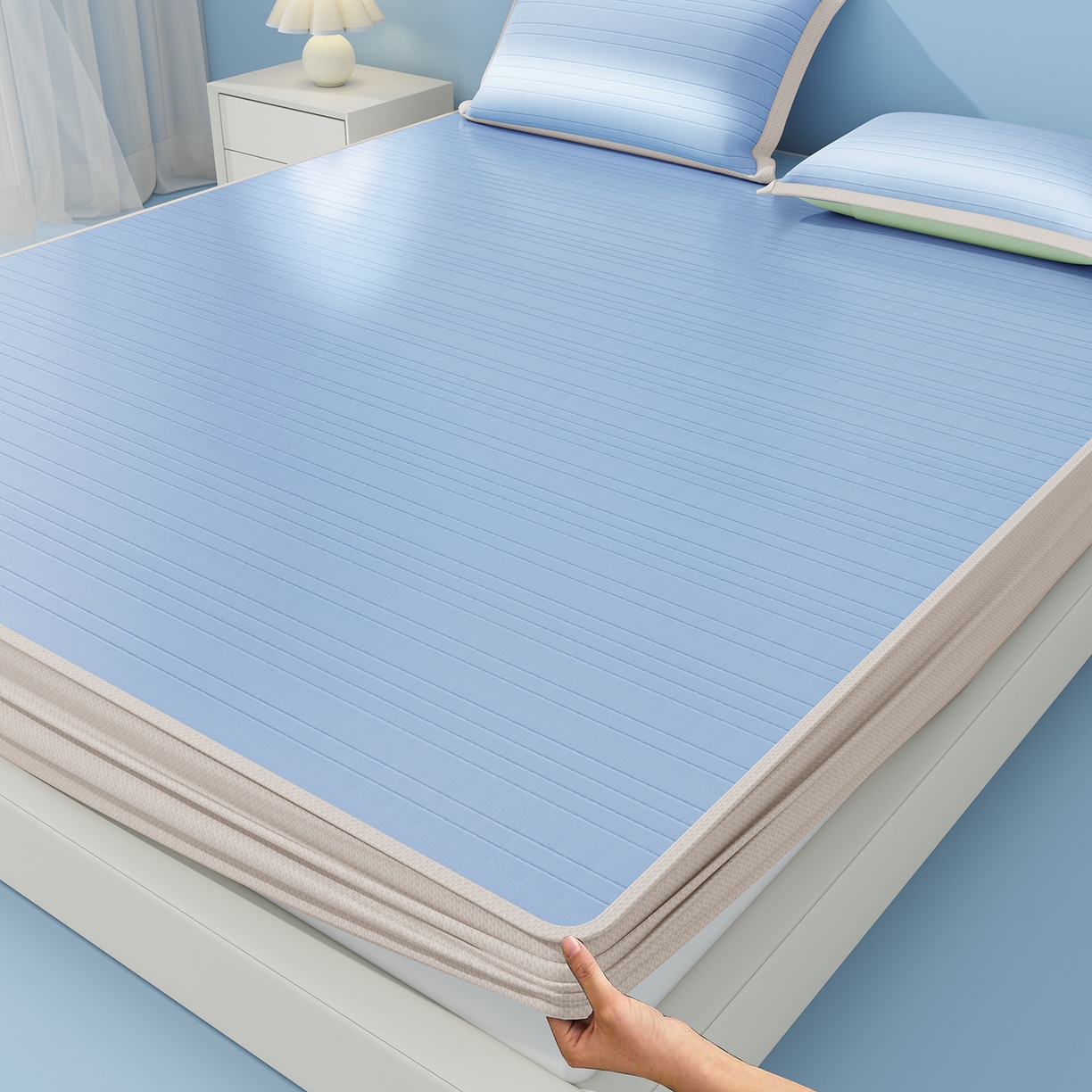 91家纺网 家纺一手货源 找家纺 曼陀罗 2026新款凉感海洋丝冰咖条纹凉席-床笠款 海之蓝