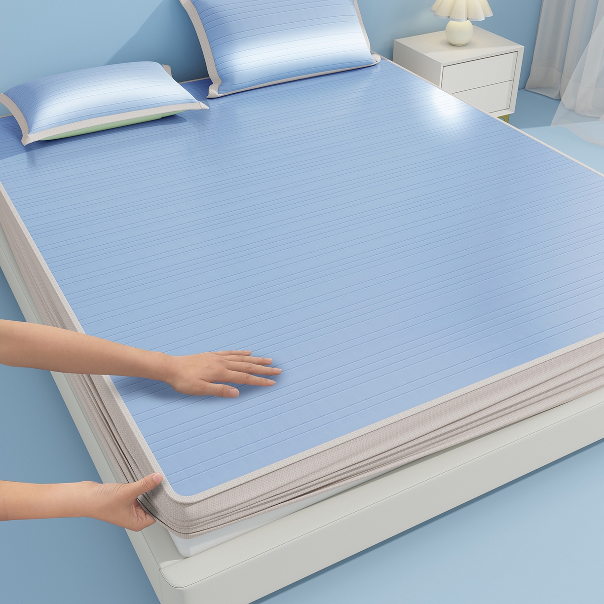 91家纺网 家纺一手货源 找家纺 曼陀罗 2026新款凉感海洋丝冰咖条纹凉席-床笠款 海之蓝