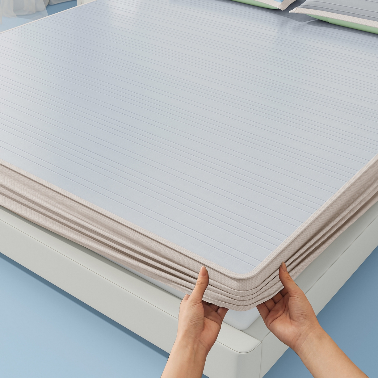 91家纺网 家纺一手货源 找家纺 曼陀罗 2026新款凉感海洋丝冰咖条纹凉席-床笠款 冰川灰