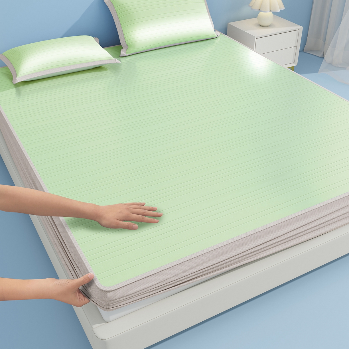 91家纺网 家纺一手货源 找家纺 曼陀罗 2026新款凉感海洋丝冰咖条纹凉席-床笠款 草原绿