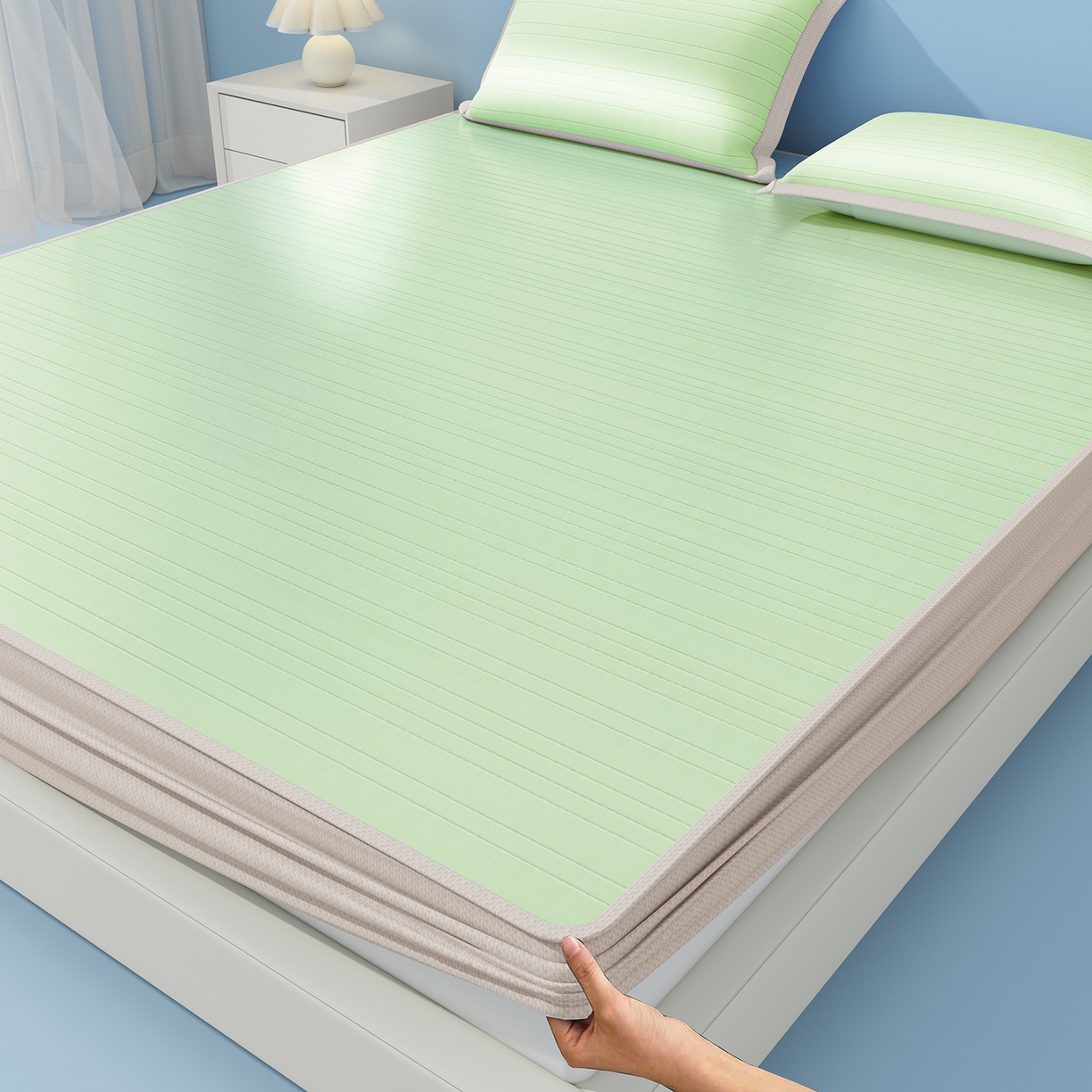 91家纺网 家纺一手货源 找家纺 曼陀罗 2026新款凉感海洋丝冰咖条纹凉席-床笠款 草原绿