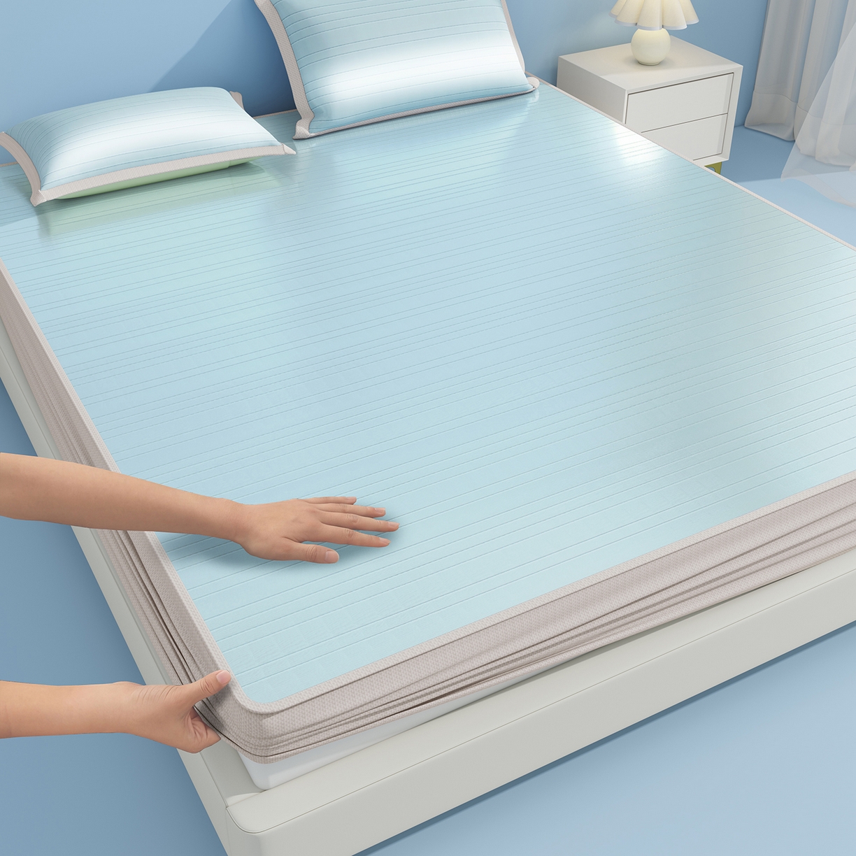 91家纺网 家纺一手货源 找家纺 曼陀罗 2026新款凉感海洋丝冰咖条纹凉席-床笠款 天之蓝