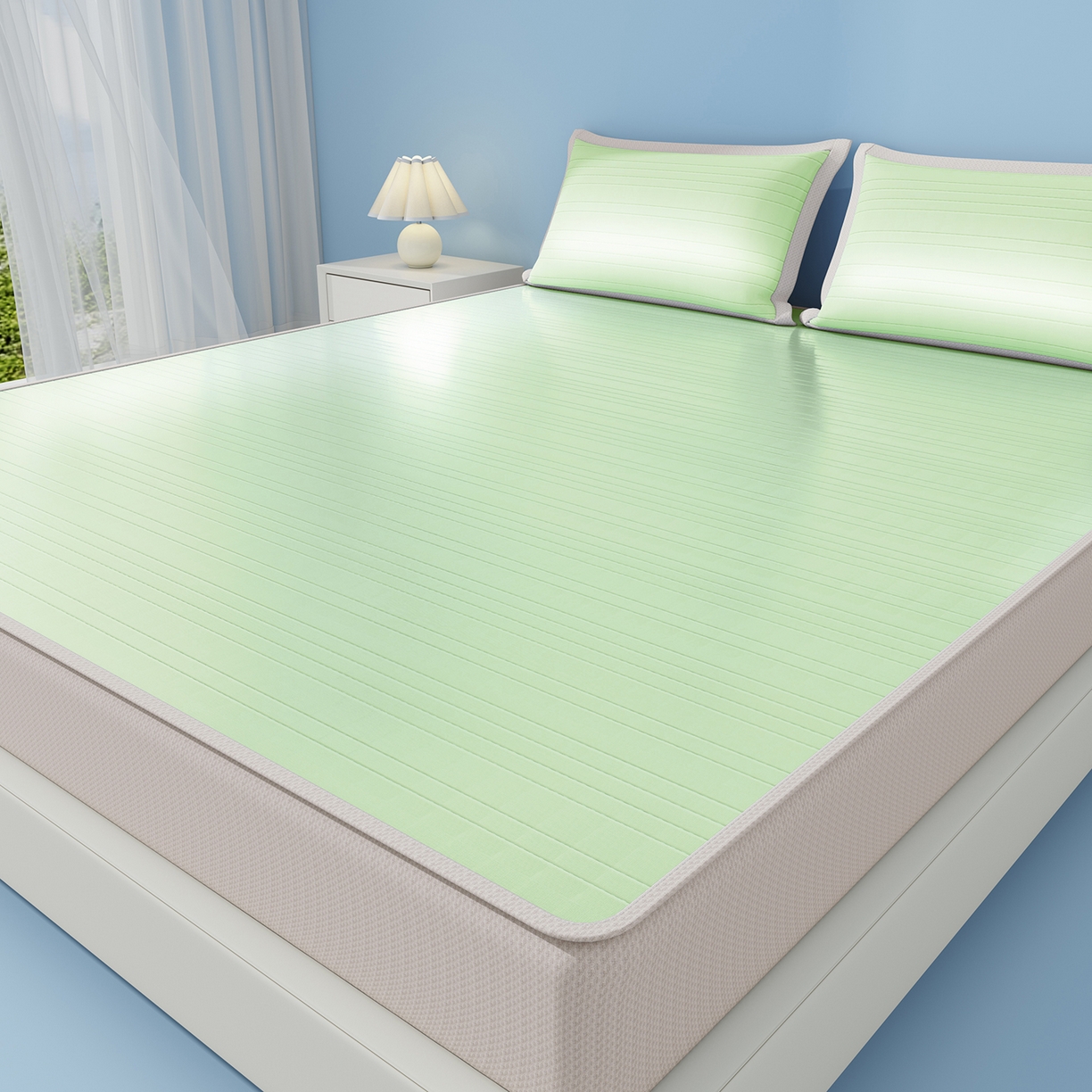 91家纺网 家纺一手货源 找家纺 曼陀罗 2026新款凉感海洋丝冰咖条纹凉席-床笠款 草原绿