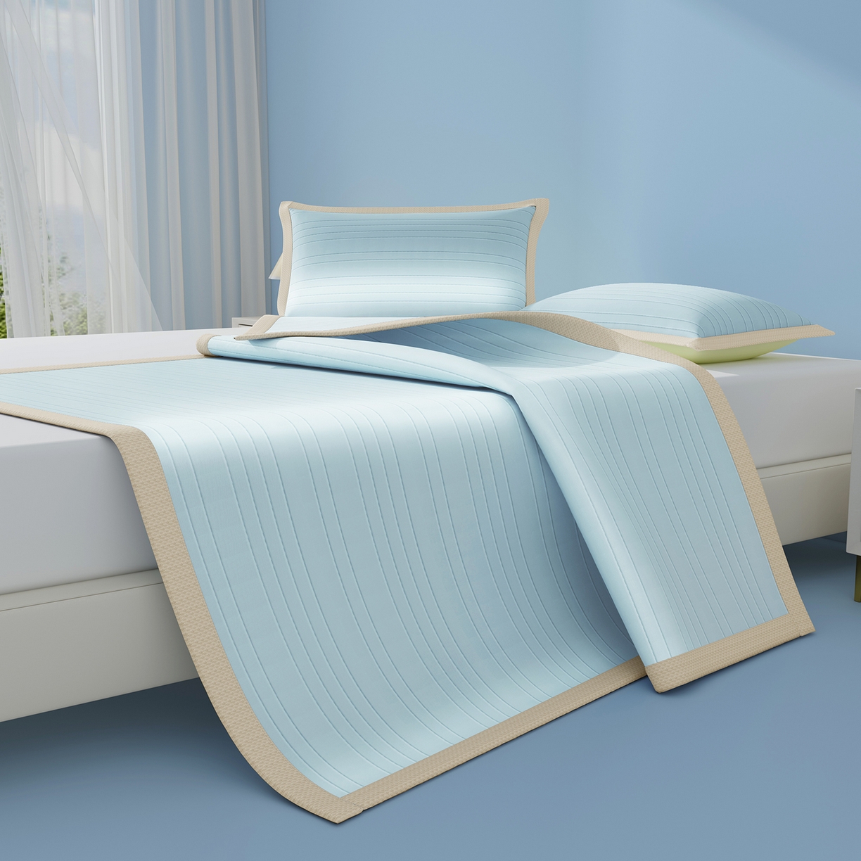 91家纺网 家纺一手货源 找家纺 曼陀罗 2026新款凉感海洋丝冰咖条纹凉席-平铺款 天之蓝