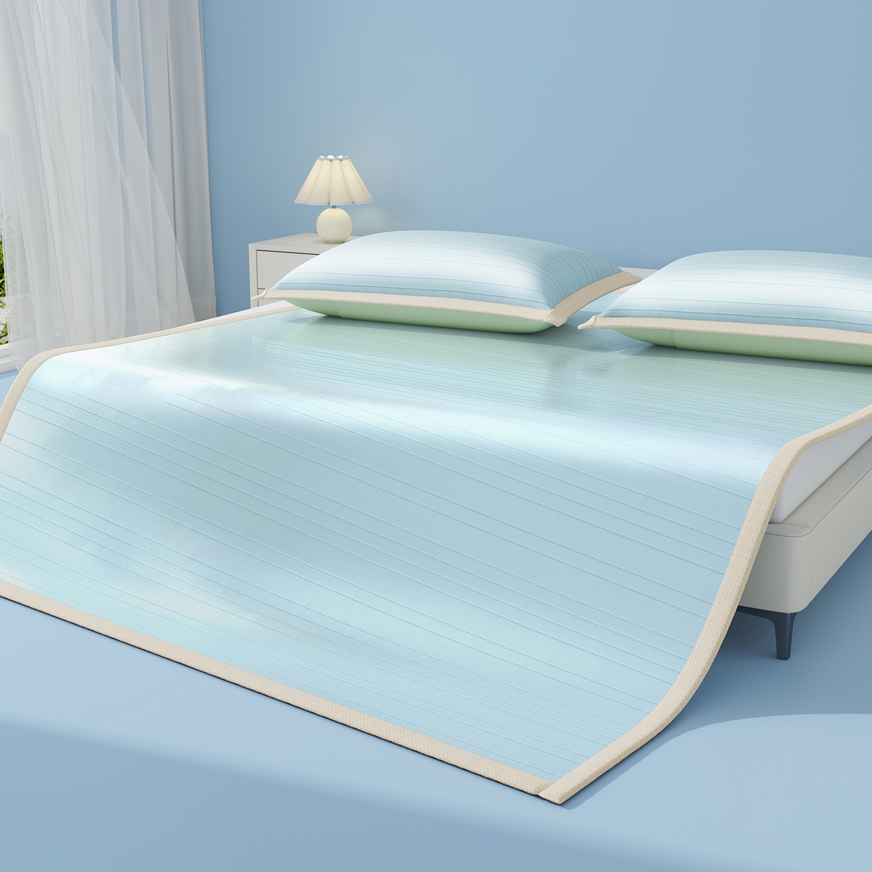 91家纺网 家纺一手货源 找家纺 曼陀罗 2026新款凉感海洋丝冰咖条纹凉席-平铺款 天之蓝