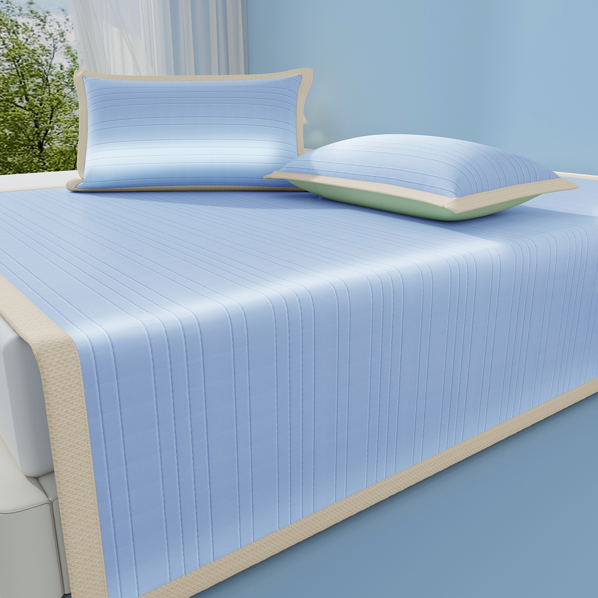 91家纺网 家纺一手货源 找家纺 曼陀罗 2026新款凉感海洋丝冰咖条纹凉席-平铺款 海之蓝