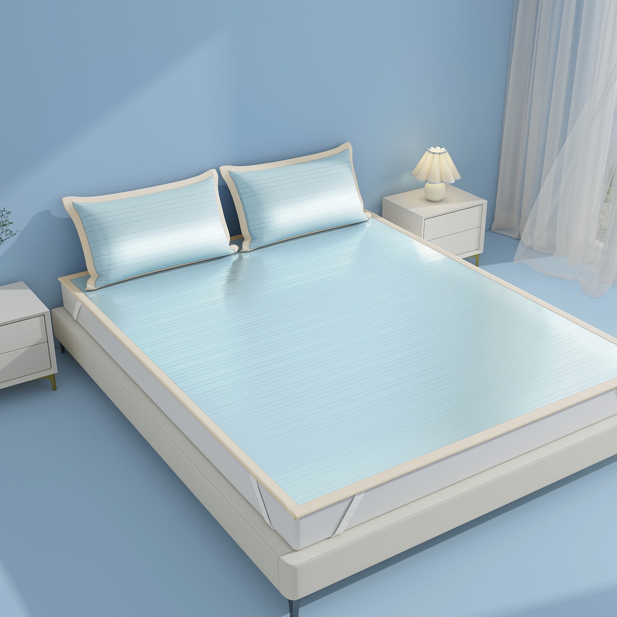 91家纺网 家纺一手货源 找家纺 曼陀罗 2026新款凉感海洋丝冰咖条纹凉席-平铺款 天之蓝