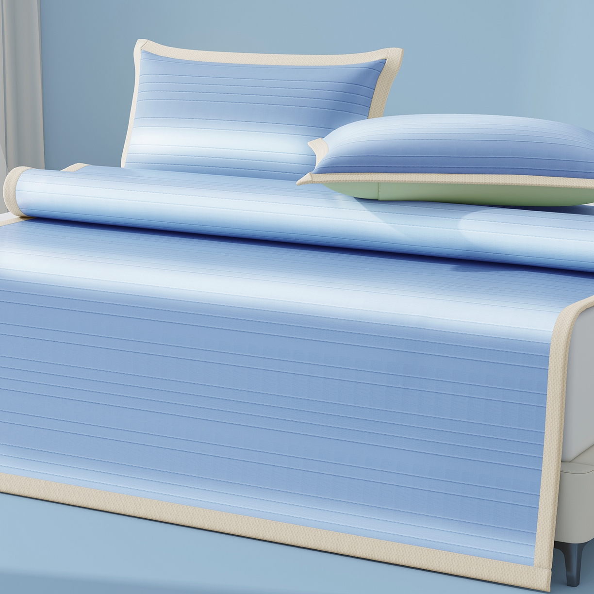 91家纺网 家纺一手货源 找家纺 曼陀罗 2026新款凉感海洋丝冰咖条纹凉席-平铺款 海之蓝