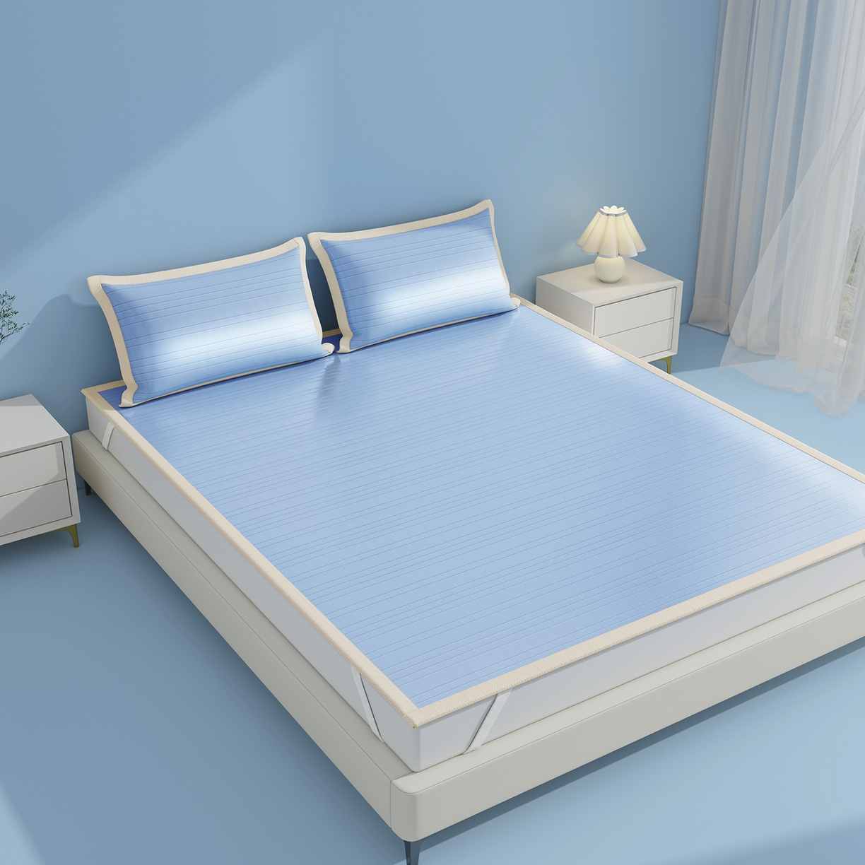 91家纺网 家纺一手货源 找家纺 曼陀罗 2026新款凉感海洋丝冰咖条纹凉席-平铺款 海之蓝