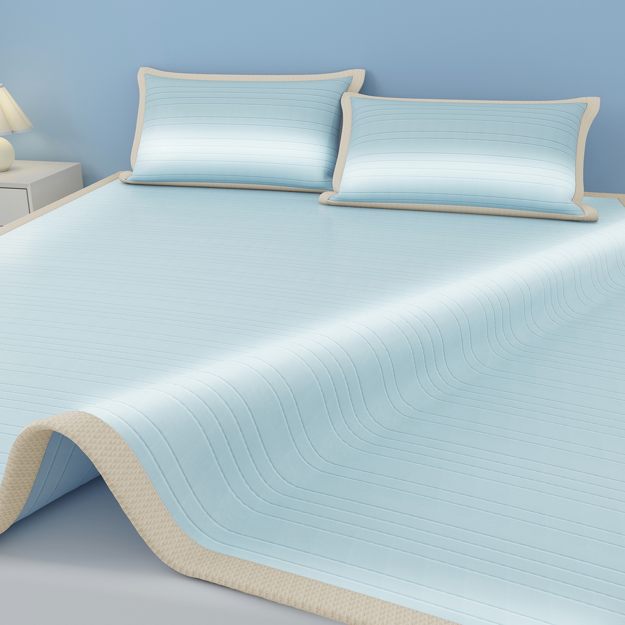 91家纺网 家纺一手货源 找家纺 曼陀罗 2026新款凉感海洋丝冰咖条纹凉席-平铺款 天之蓝