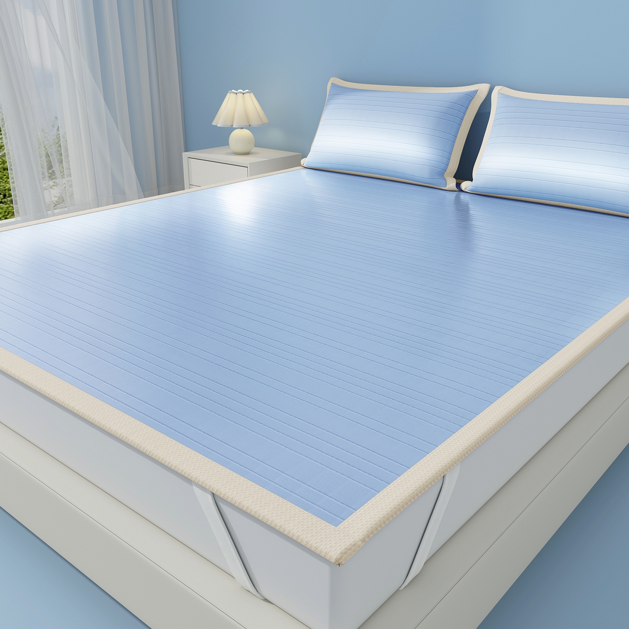 91家纺网 家纺一手货源 找家纺 曼陀罗 2026新款凉感海洋丝冰咖条纹凉席-平铺款 海之蓝