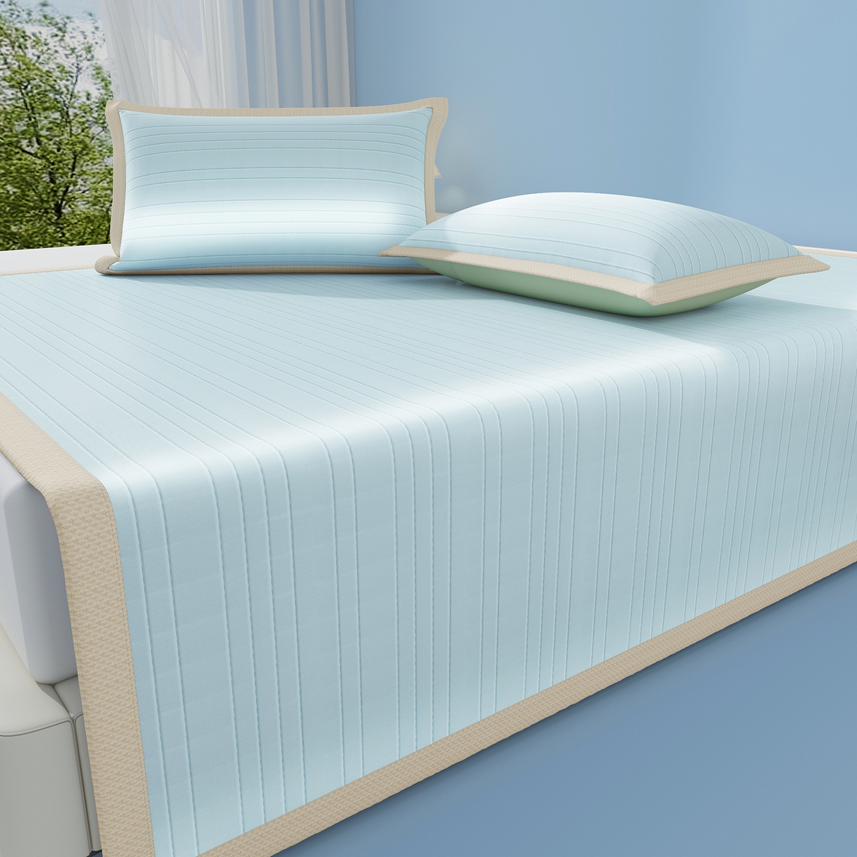 91家纺网 家纺一手货源 找家纺 曼陀罗 2026新款凉感海洋丝冰咖条纹凉席-平铺款 天之蓝