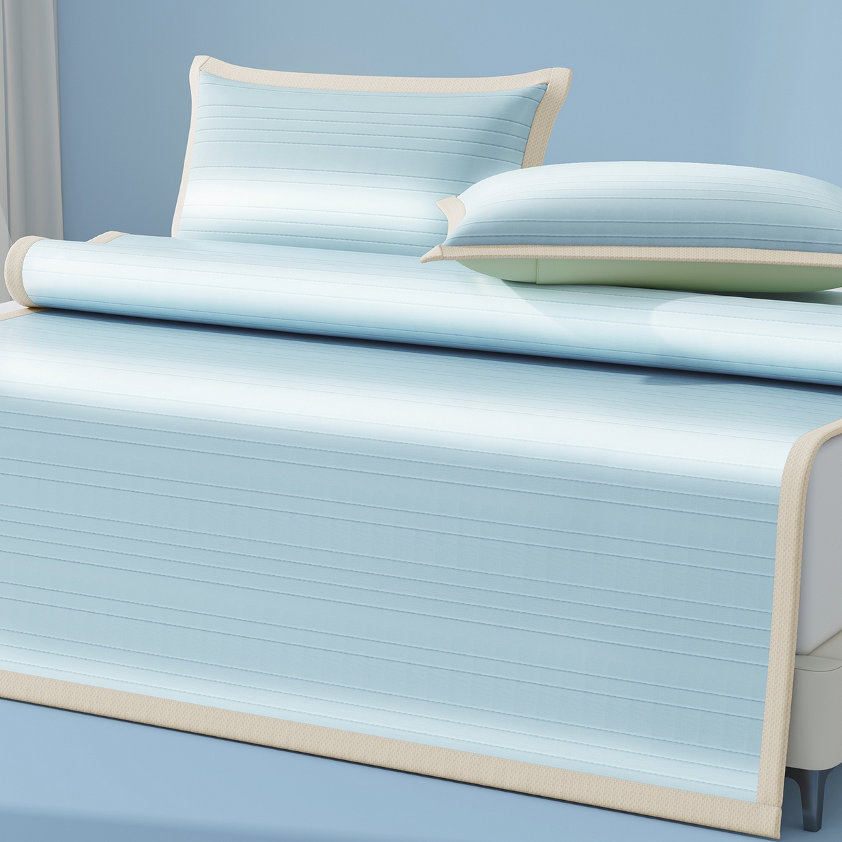 91家纺网 家纺一手货源 找家纺 曼陀罗 2026新款凉感海洋丝冰咖条纹凉席-平铺款 天之蓝