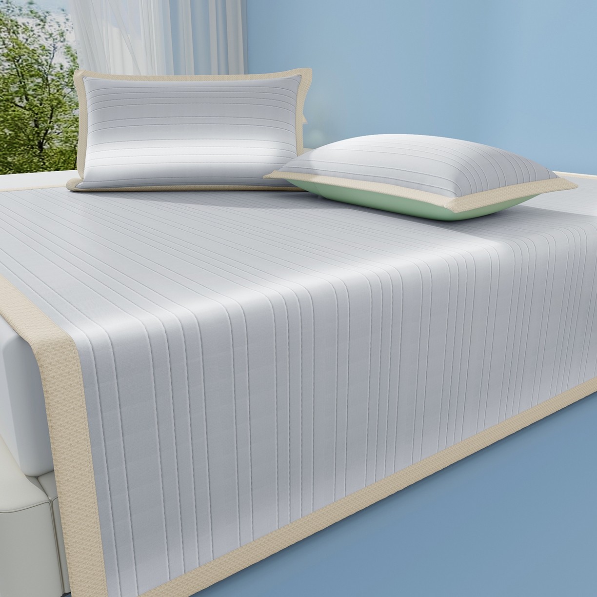 91家纺网 家纺一手货源 找家纺 （总）曼陀罗 2026新款凉感海洋丝冰咖条纹凉席-平铺款