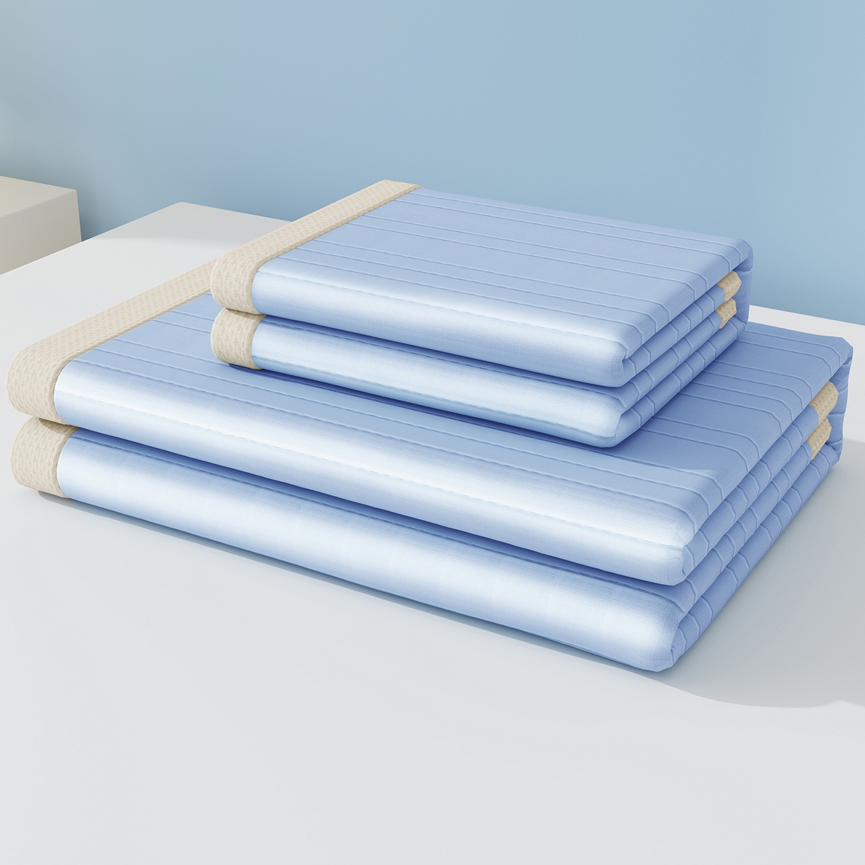 91家纺网 家纺一手货源 找家纺 曼陀罗 2026新款凉感海洋丝冰咖条纹凉席-平铺款 海之蓝