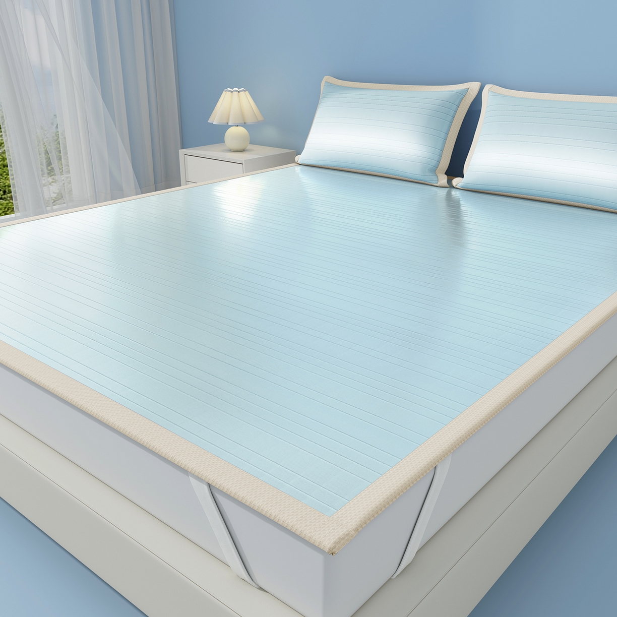 91家纺网 家纺一手货源 找家纺 曼陀罗 2026新款凉感海洋丝冰咖条纹凉席-平铺款 天之蓝