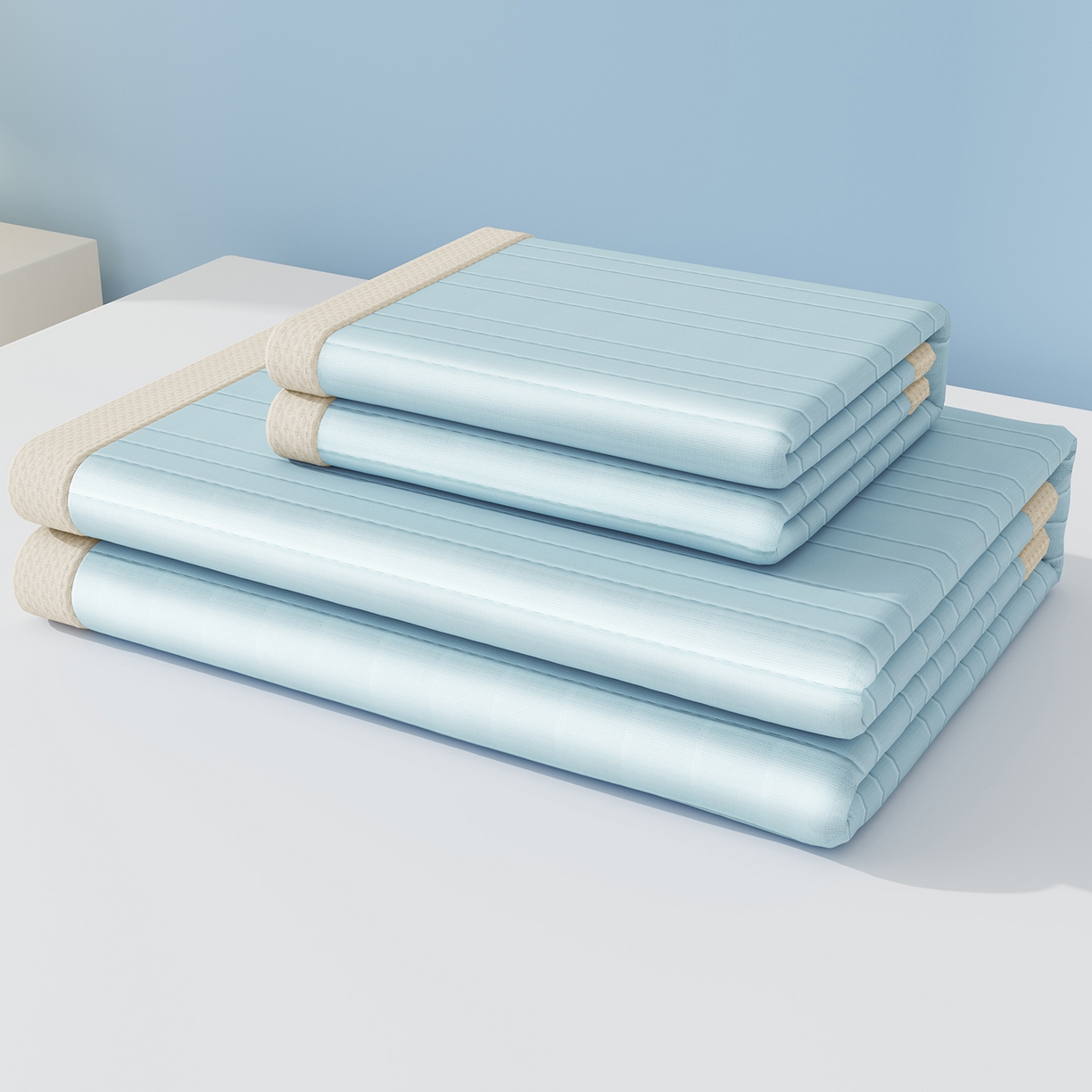 91家纺网 家纺一手货源 找家纺 曼陀罗 2026新款凉感海洋丝冰咖条纹凉席-平铺款 天之蓝