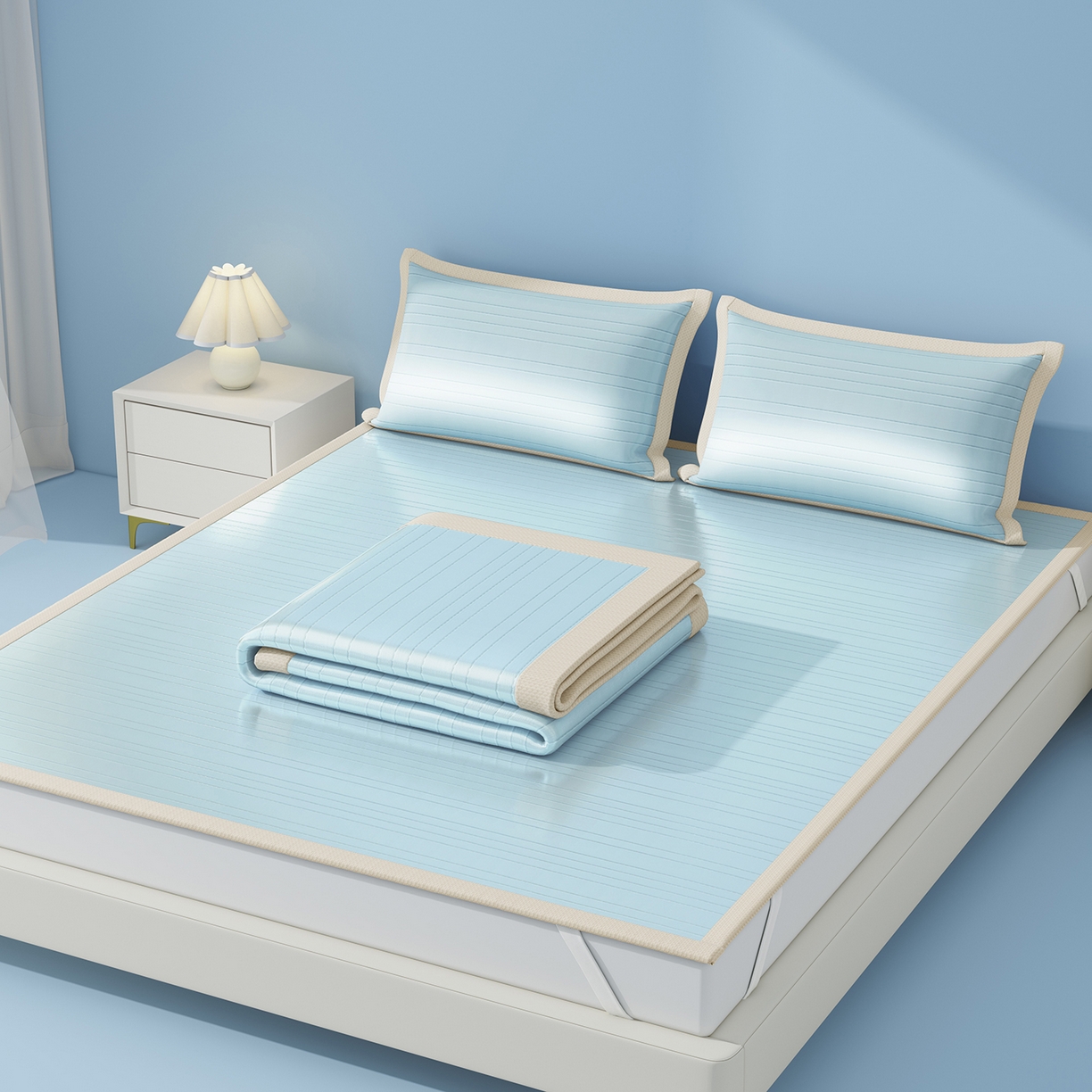 91家纺网 家纺一手货源 找家纺 曼陀罗 2026新款凉感海洋丝冰咖条纹凉席-平铺款 天之蓝