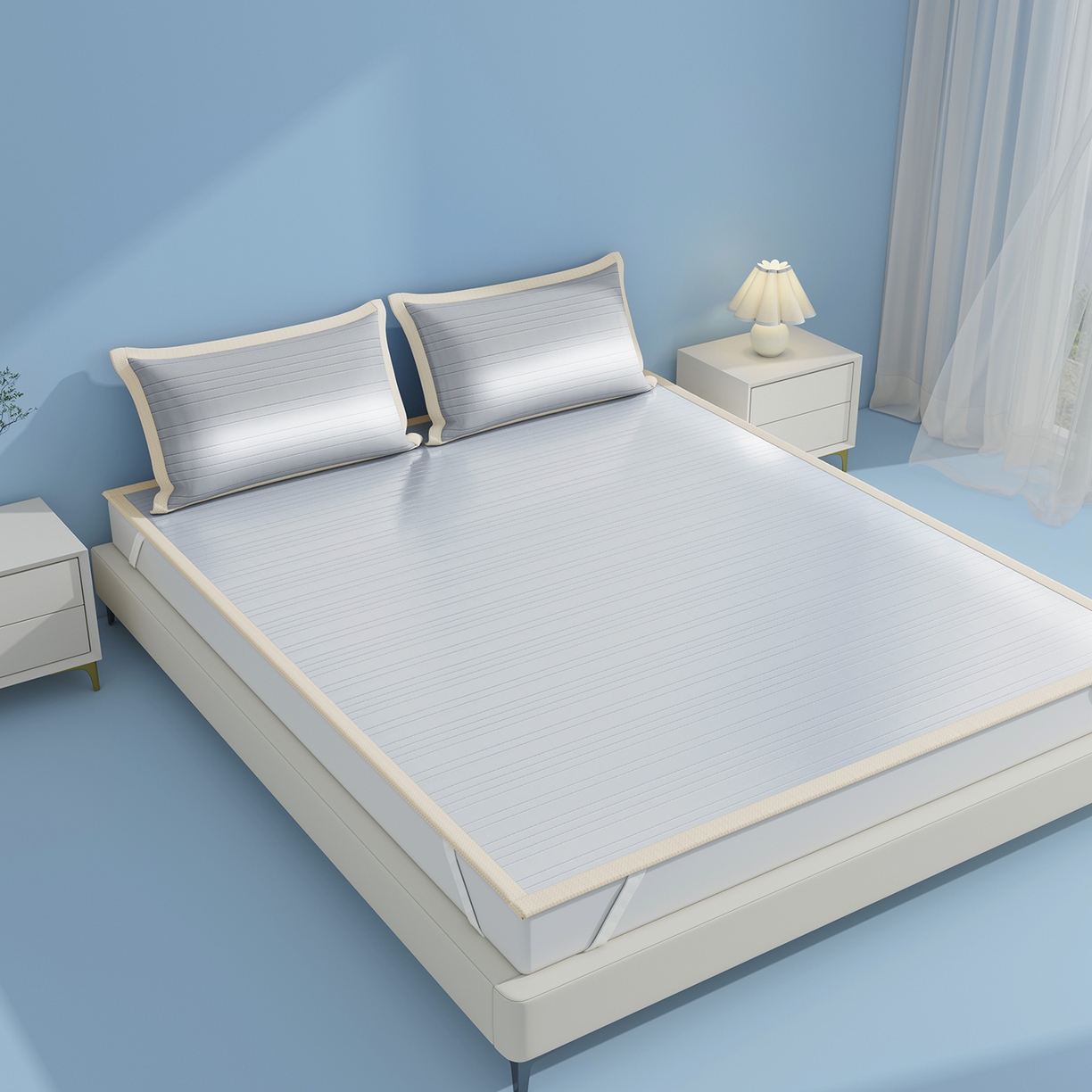 91家纺网 家纺一手货源 找家纺 （总）曼陀罗 2026新款凉感海洋丝冰咖条纹凉席-平铺款