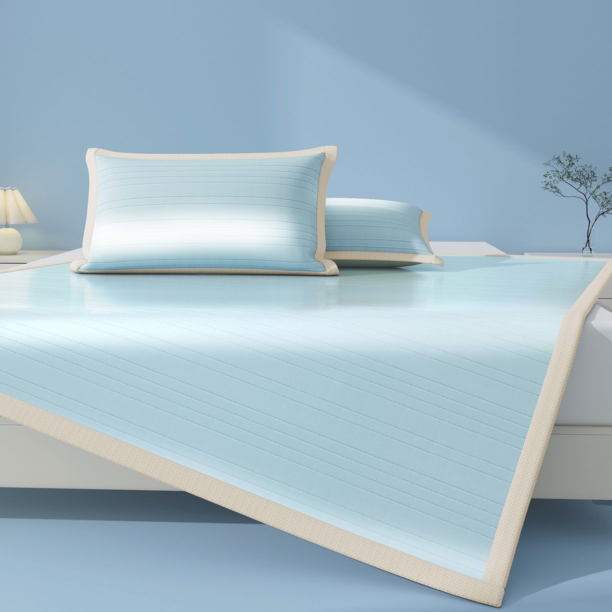 91家纺网 家纺一手货源 找家纺 曼陀罗 2026新款凉感海洋丝冰咖条纹凉席-平铺款 天之蓝