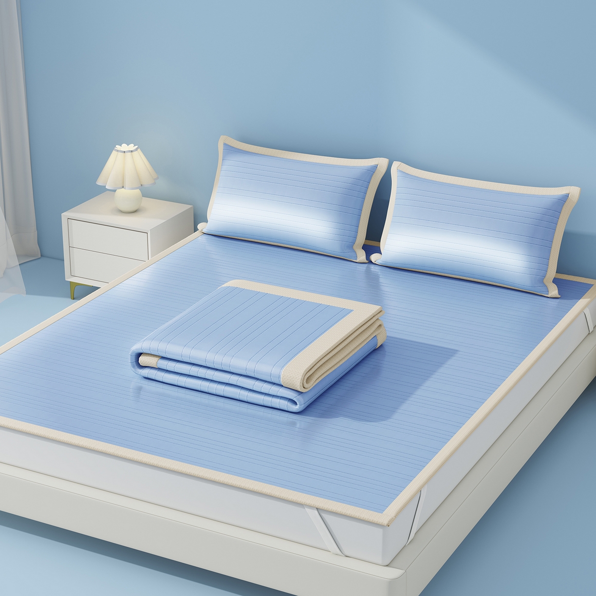 91家纺网 家纺一手货源 找家纺 曼陀罗 2026新款凉感海洋丝冰咖条纹凉席-平铺款 海之蓝