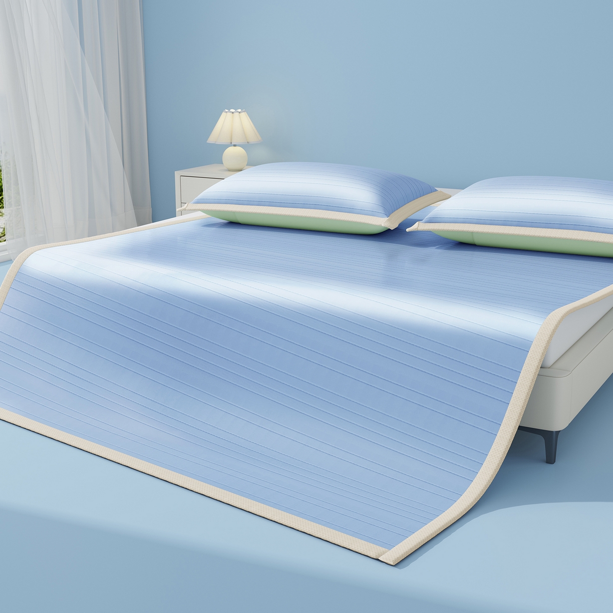 91家纺网 家纺一手货源 找家纺 曼陀罗 2026新款凉感海洋丝冰咖条纹凉席-平铺款 海之蓝