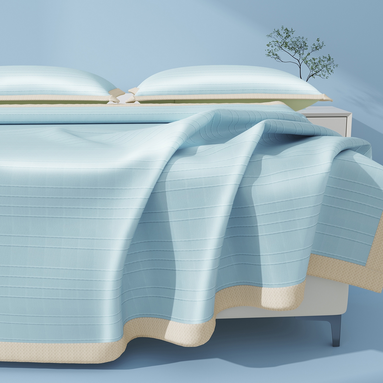 91家纺网 家纺一手货源 找家纺 曼陀罗 2026新款凉感海洋丝冰咖条纹凉席-平铺款 天之蓝