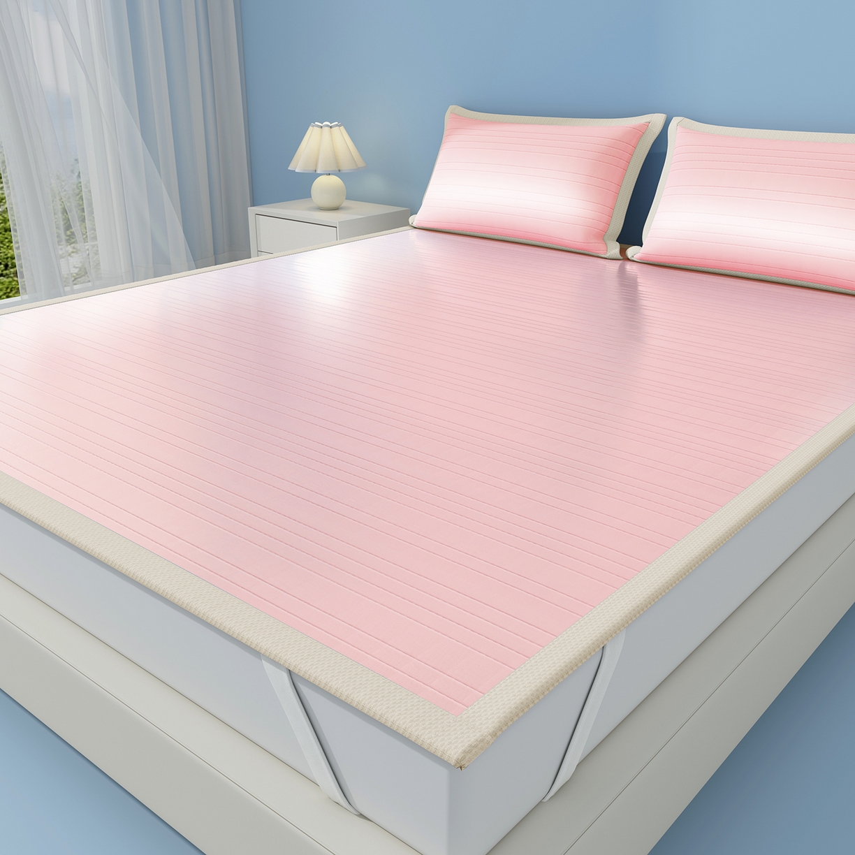 91家纺网 家纺一手货源 找家纺 曼陀罗 2026新款凉感海洋丝冰咖条纹凉席-平铺款 粉黛玉