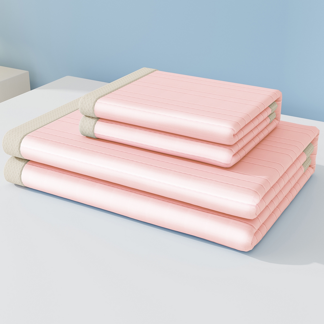 91家纺网 家纺一手货源 找家纺 曼陀罗 2026新款凉感海洋丝冰咖条纹凉席-平铺款 粉黛玉