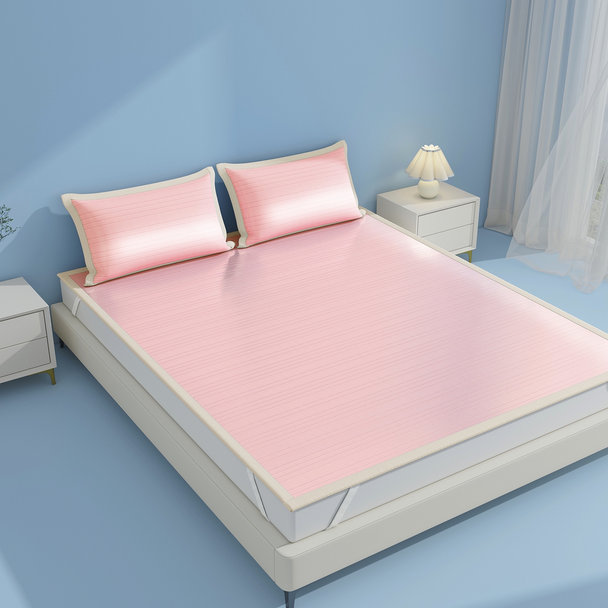 91家纺网 家纺一手货源 找家纺 曼陀罗 2026新款凉感海洋丝冰咖条纹凉席-平铺款 粉黛玉