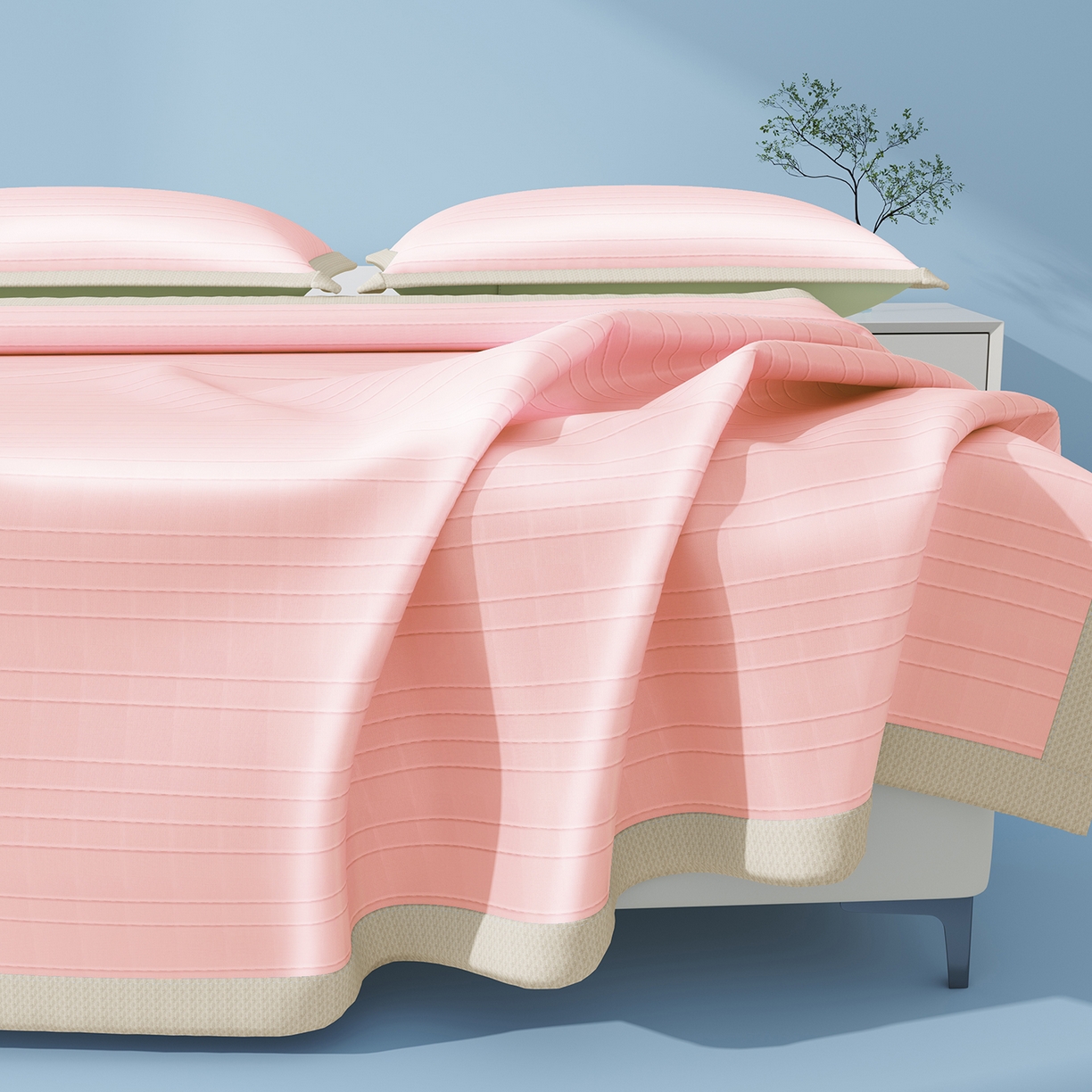 91家纺网 家纺一手货源 找家纺 曼陀罗 2026新款凉感海洋丝冰咖条纹凉席-平铺款 粉黛玉