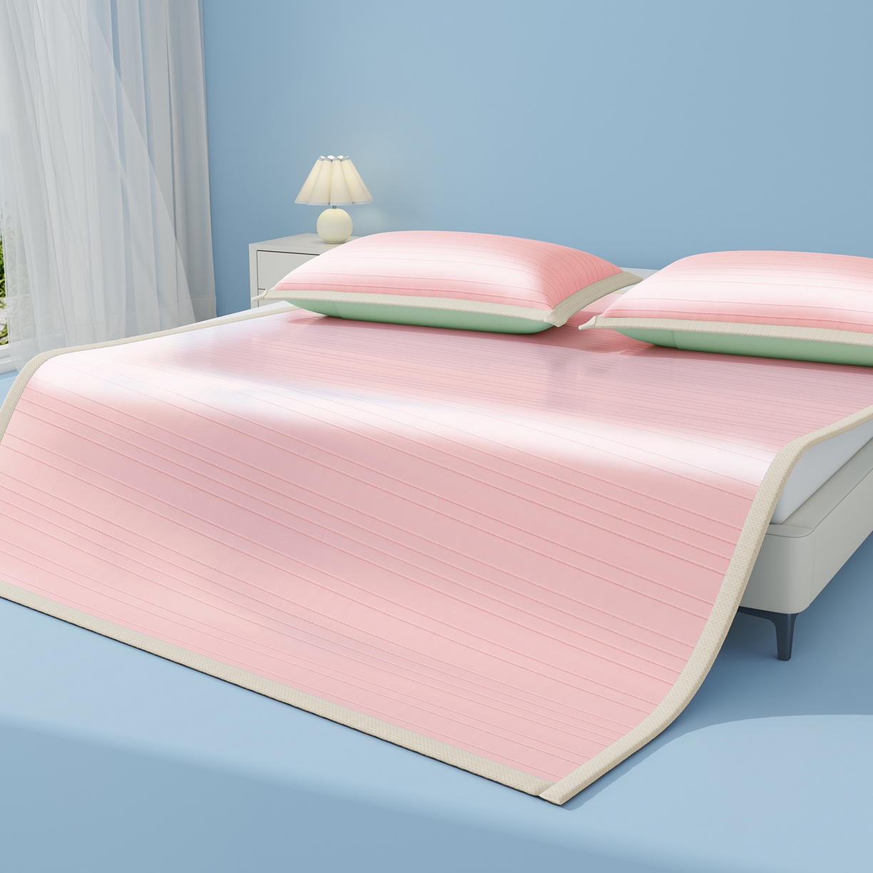 91家纺网 家纺一手货源 找家纺 曼陀罗 2026新款凉感海洋丝冰咖条纹凉席-平铺款 粉黛玉