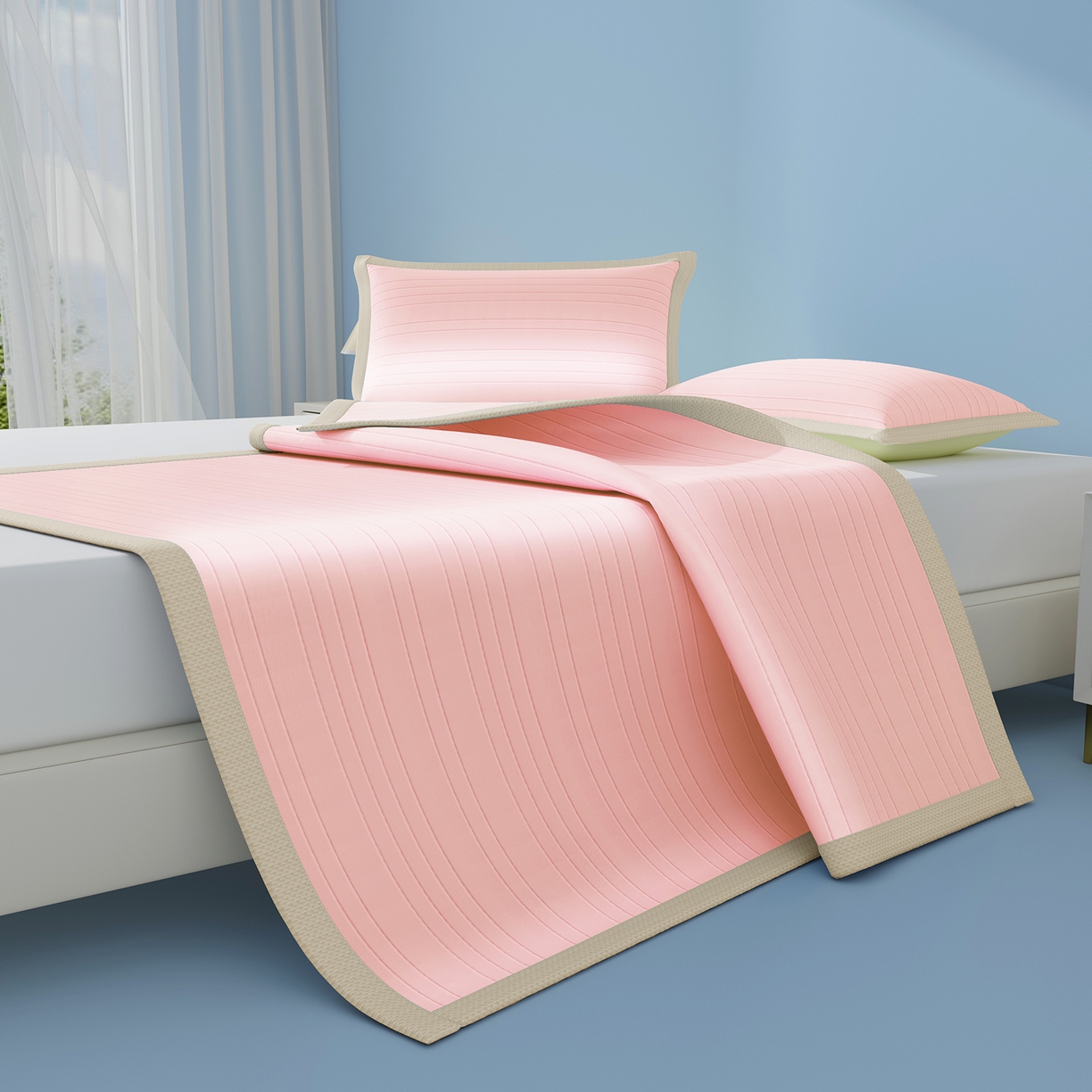 91家纺网 家纺一手货源 找家纺 曼陀罗 2026新款凉感海洋丝冰咖条纹凉席-平铺款 粉黛玉