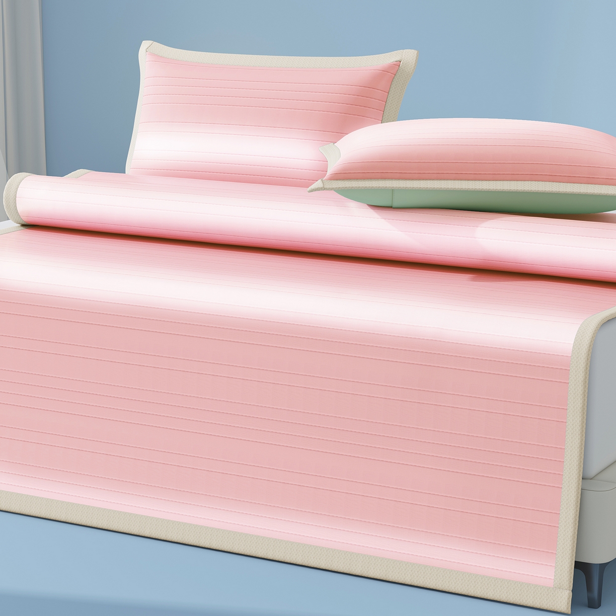 91家纺网 家纺一手货源 找家纺 曼陀罗 2026新款凉感海洋丝冰咖条纹凉席-平铺款 粉黛玉