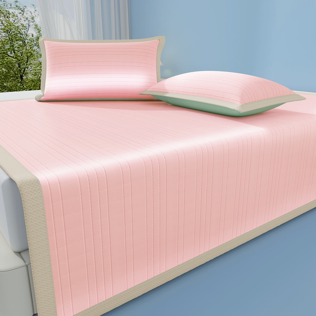 91家纺网 家纺一手货源 找家纺 曼陀罗 2026新款凉感海洋丝冰咖条纹凉席-平铺款 粉黛玉