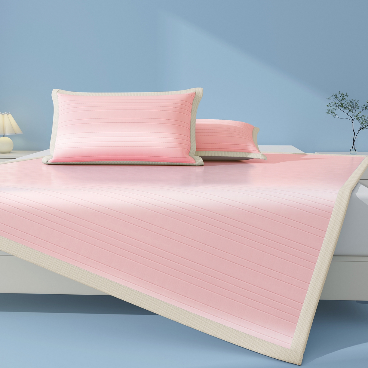 91家纺网 家纺一手货源 找家纺 曼陀罗 2026新款凉感海洋丝冰咖条纹凉席-平铺款 粉黛玉