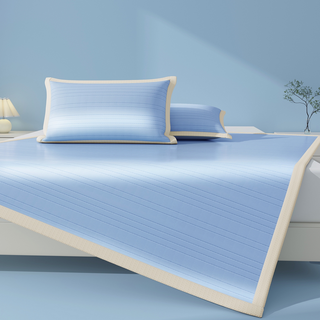 91家纺网 家纺一手货源 找家纺 曼陀罗 2026新款凉感海洋丝冰咖条纹凉席-平铺款 海之蓝