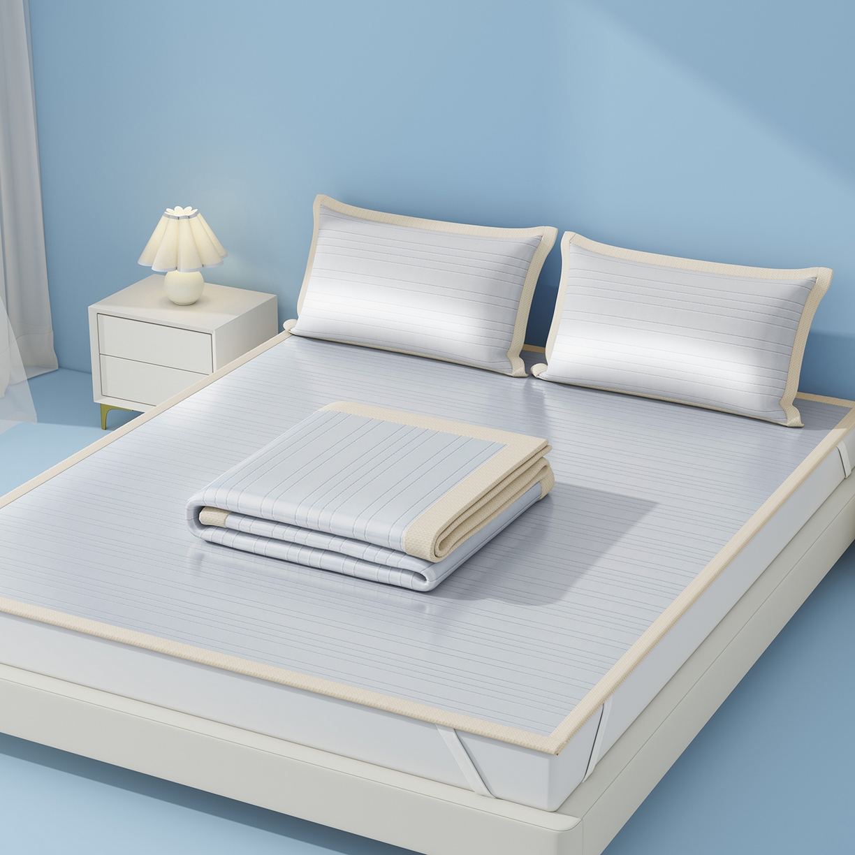 91家纺网 家纺一手货源 找家纺 （总）曼陀罗 2026新款凉感海洋丝冰咖条纹凉席-平铺款