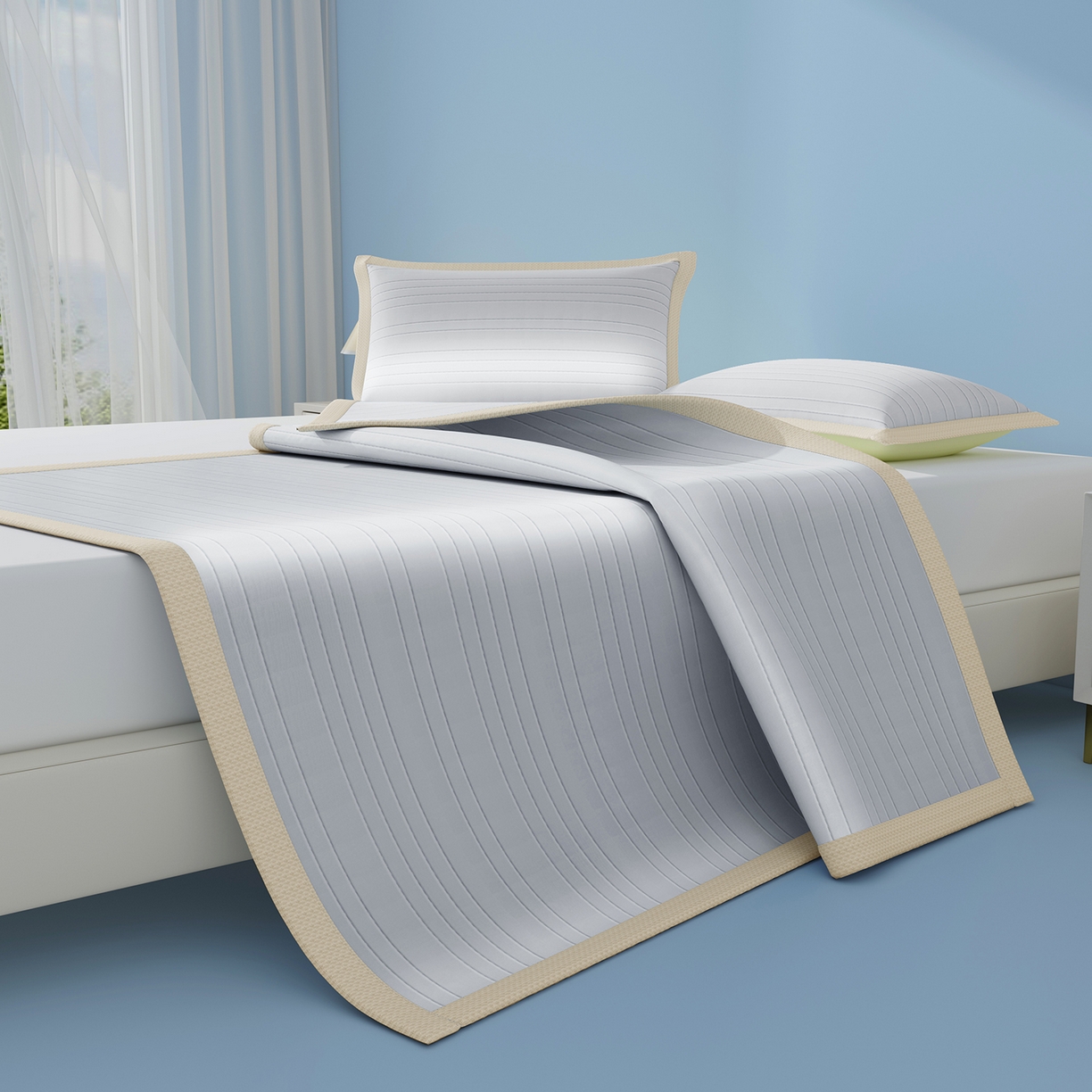 91家纺网 家纺一手货源 找家纺 （总）曼陀罗 2026新款凉感海洋丝冰咖条纹凉席-平铺款