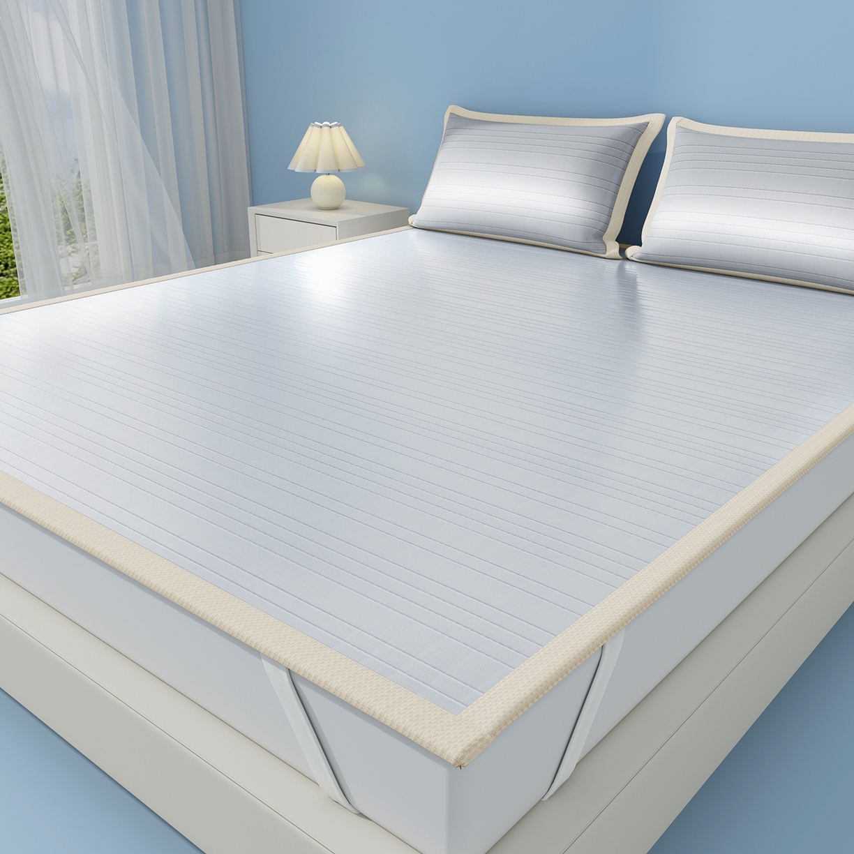 91家纺网 家纺一手货源 找家纺 曼陀罗 2026新款凉感海洋丝冰咖条纹凉席-平铺款 冰川灰