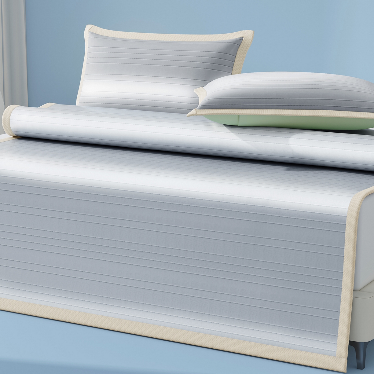 91家纺网 家纺一手货源 找家纺 曼陀罗 2026新款凉感海洋丝冰咖条纹凉席-平铺款 冰川灰