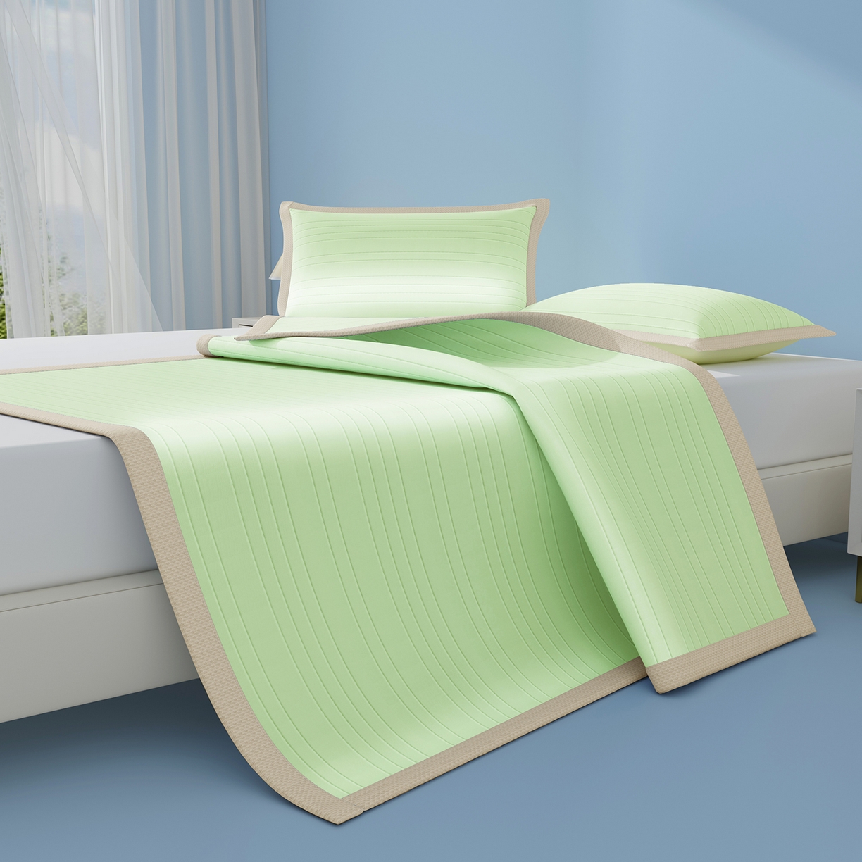 91家纺网 家纺一手货源 找家纺 曼陀罗 2026新款凉感海洋丝冰咖条纹凉席-平铺款 草原绿