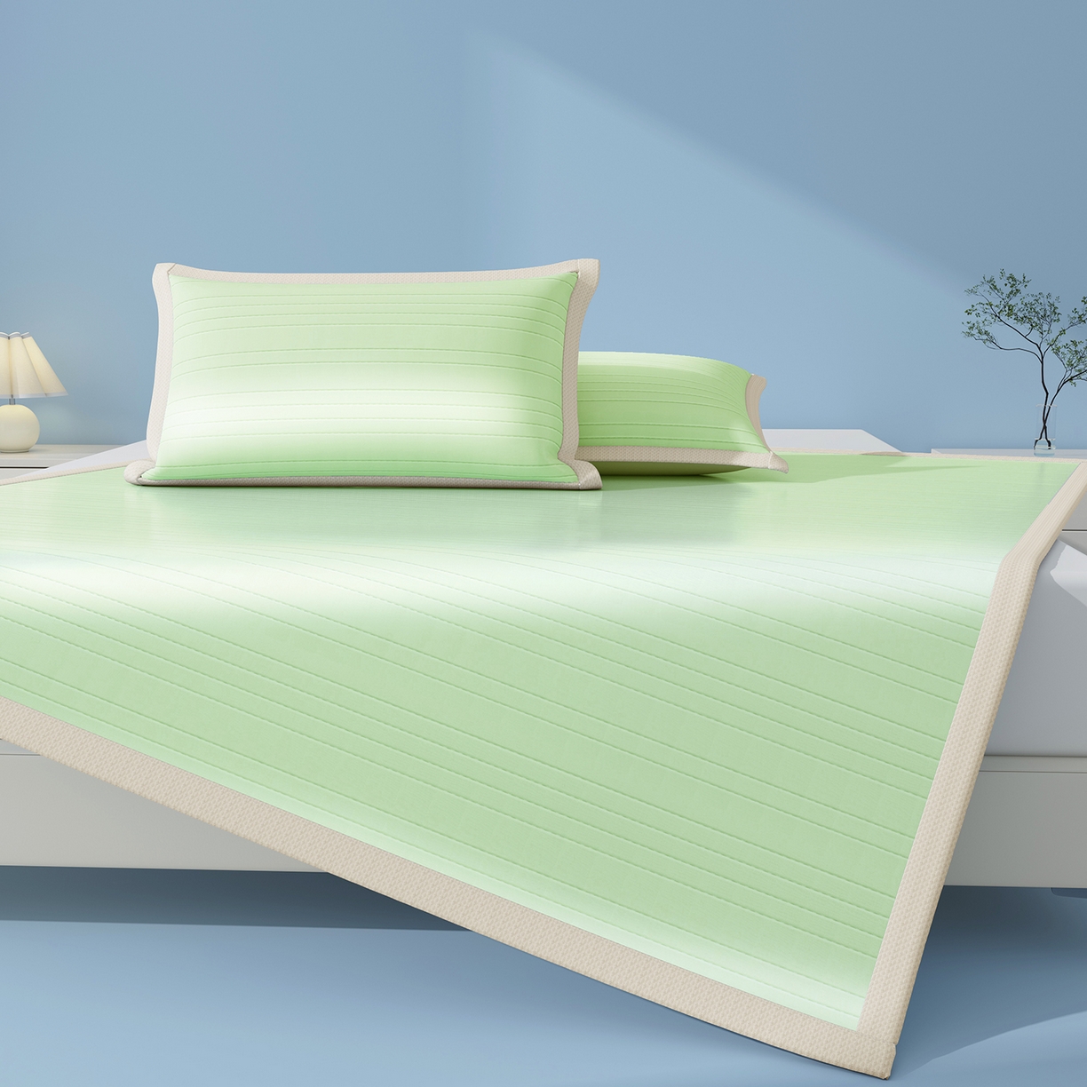 91家纺网 家纺一手货源 找家纺 曼陀罗 2026新款凉感海洋丝冰咖条纹凉席-平铺款 草原绿