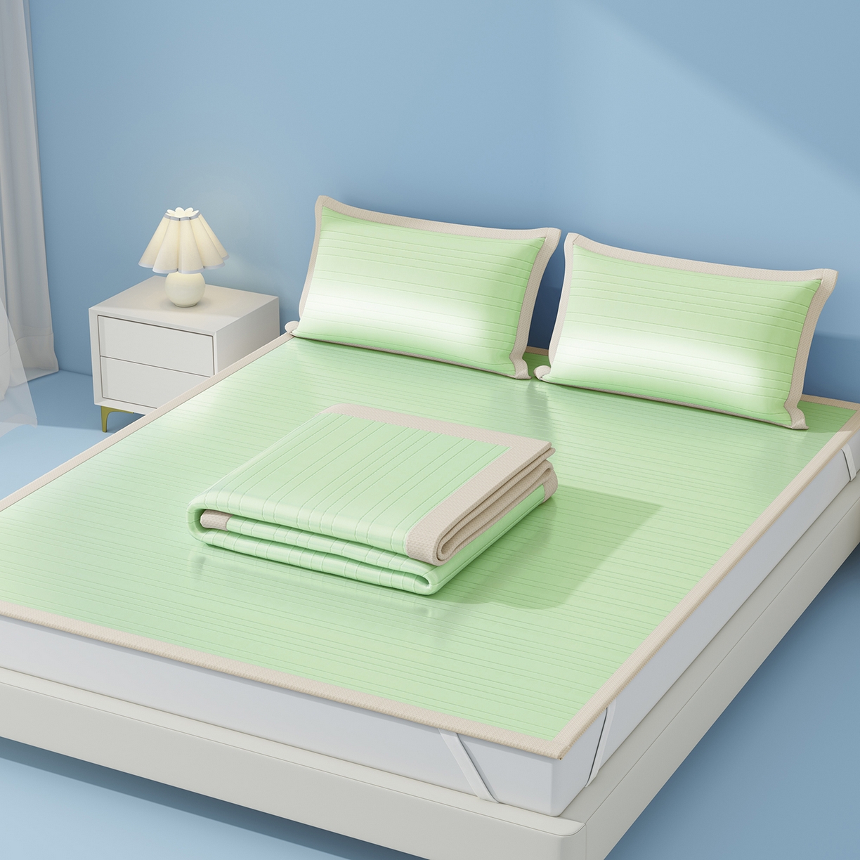 91家纺网 家纺一手货源 找家纺 曼陀罗 2026新款凉感海洋丝冰咖条纹凉席-平铺款 草原绿