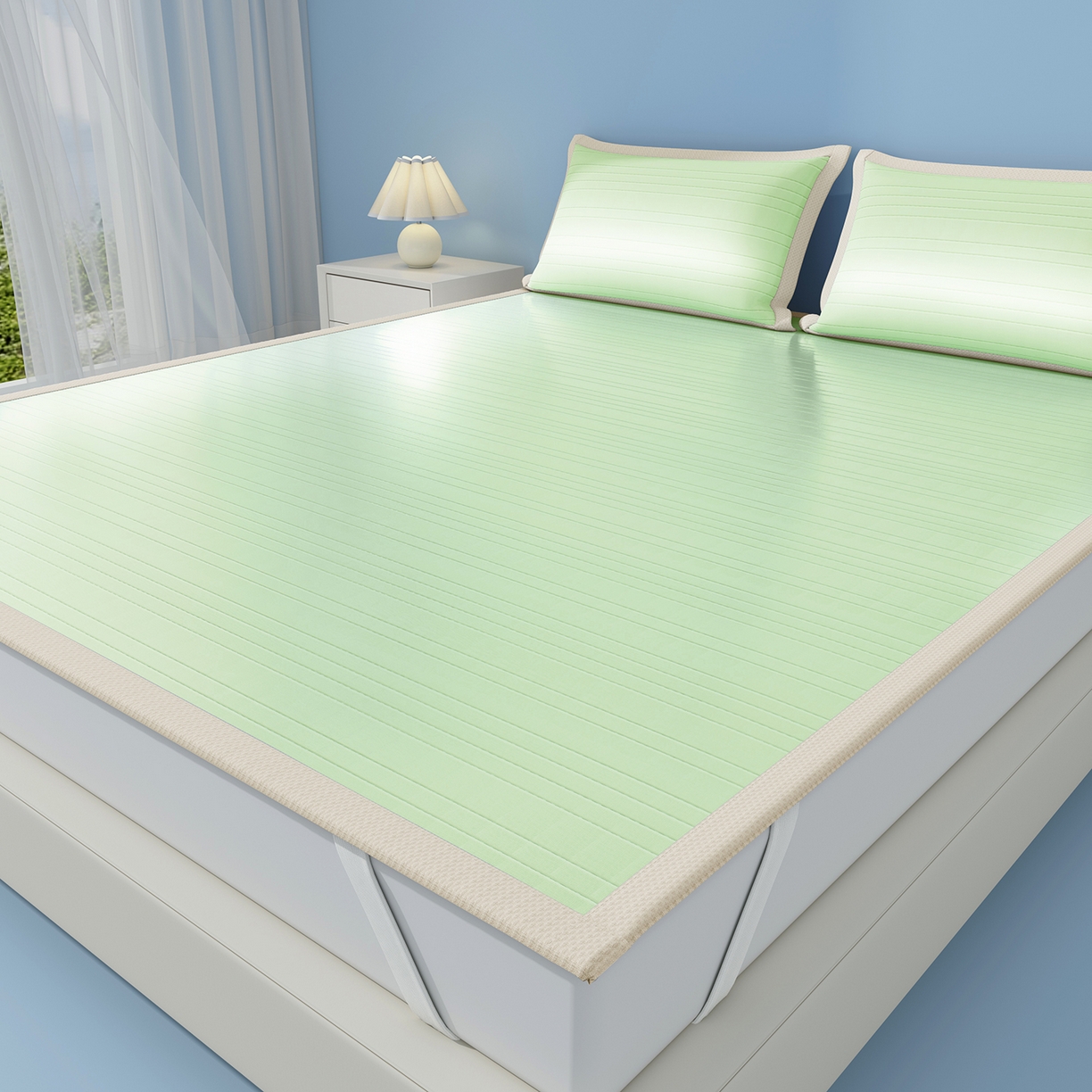 91家纺网 家纺一手货源 找家纺 曼陀罗 2026新款凉感海洋丝冰咖条纹凉席-平铺款 草原绿