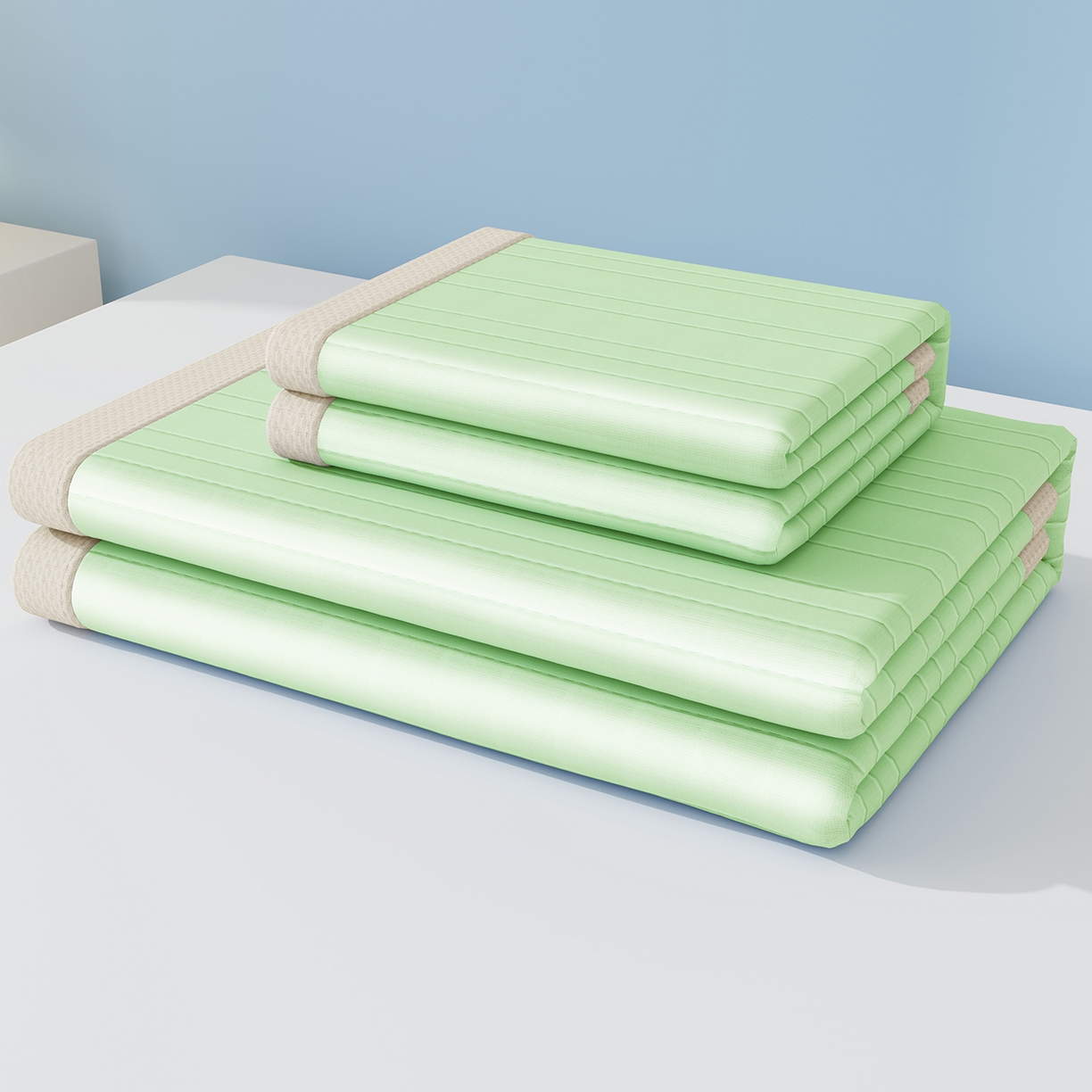 91家纺网 家纺一手货源 找家纺 曼陀罗 2026新款凉感海洋丝冰咖条纹凉席-平铺款 草原绿