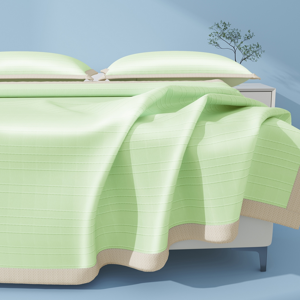 91家纺网 家纺一手货源 找家纺 曼陀罗 2026新款凉感海洋丝冰咖条纹凉席-平铺款 草原绿